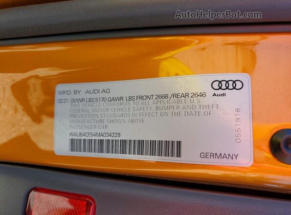 WAUB4CF54MA034229 2021 AUDI S5 Orange ძრავის განყოფილების ხედი
