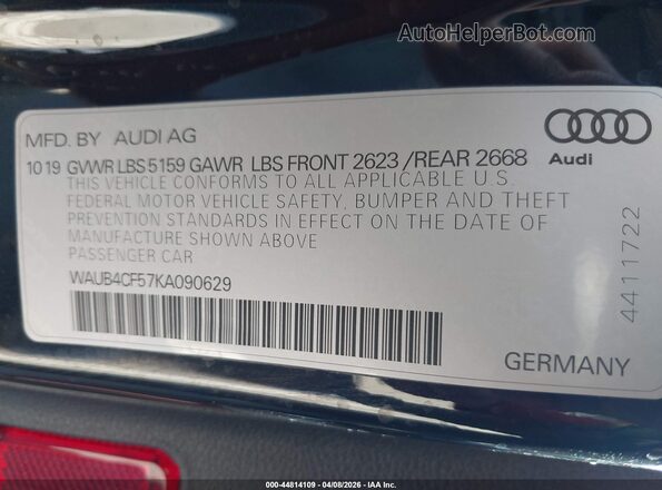 WAUB4CF57KA090629 2019 AUDI S5 Black ძრავის განყოფილების ხედი
