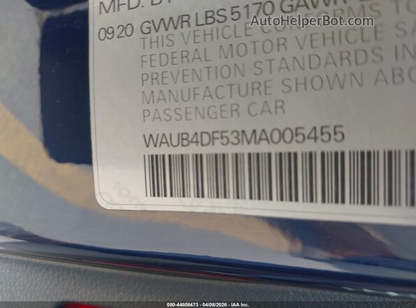 WAUB4DF53MA005455 2021 AUDI S5 Dark Blue Widok komory silnika