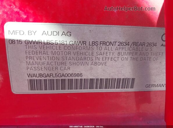 WAUBGAFL5GA006986 2016 AUDI S4 Red Widok komory silnika