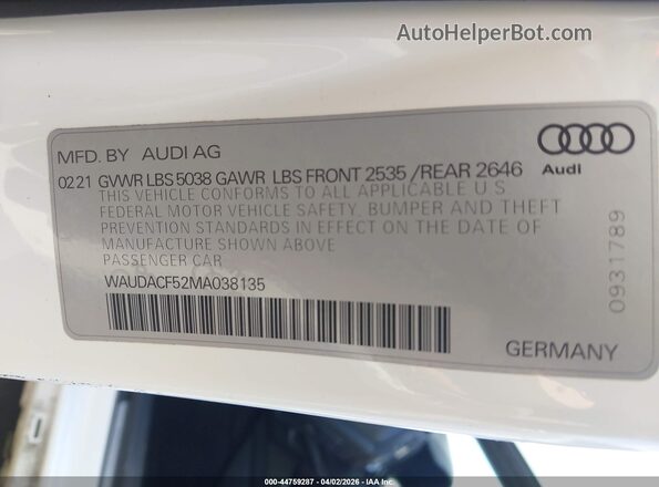 WAUDACF52MA038135 2021 AUDI OTHER White Widok komory silnika