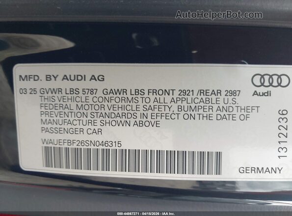 WAUEFBF26SN046315 2025 AUDI S6 Black Շարժիչի բաժամունքի տեսք
