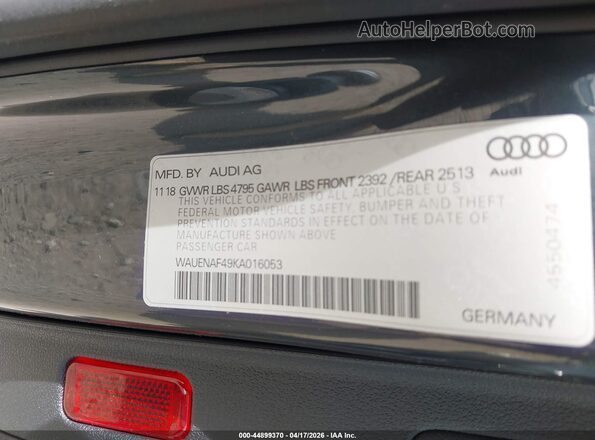 WAUENAF49KA016053 2019 AUDI OTHER Gray Vista del compartimento del motor