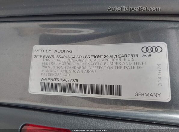 WAUENCF51KA078079 2019 AUDI OTHER Gray Engine compartment view