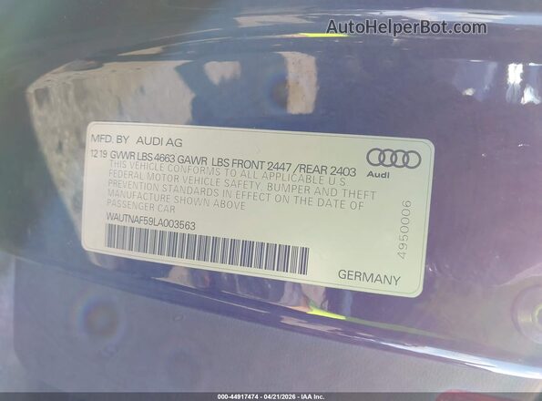 WAUTNAF59LA003563 2020 AUDI OTHER Black Widok komory silnika