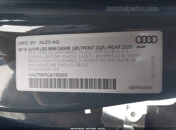 WAUTPBFFXJA155003 2018 AUDI OTHER Gray ძრავის განყოფილების ხედი