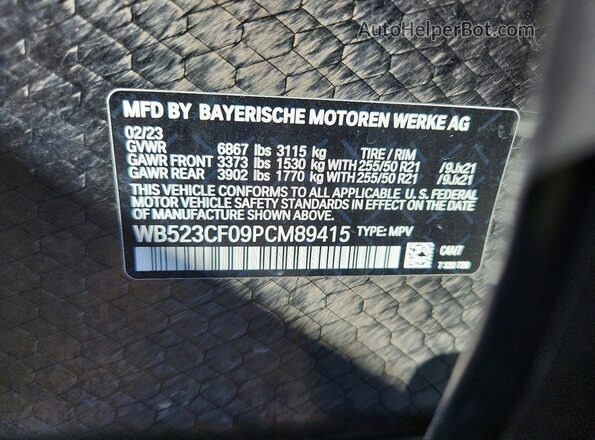 WB523CF09PCM89415 2023 BMW IX Silver VIN sticker view