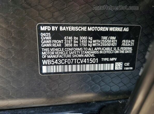 WB543CF07TCV41501 2026 BMW IX Синий Вид наклейки с VIN-кодом