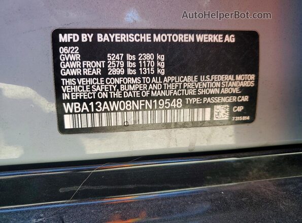 WBA13AW08NFN19548 2022 BMW M4 Silver Вид наклейки з VIN-кодом