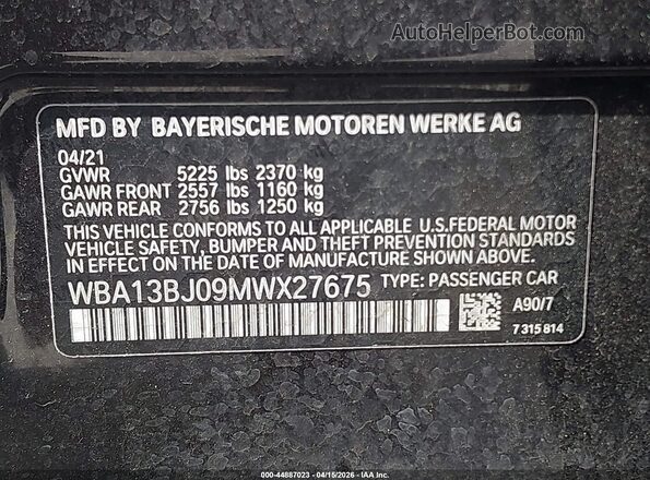 WBA13BJ09MWX27675 2021 BMW 5 SERIES Gray Engine compartment view