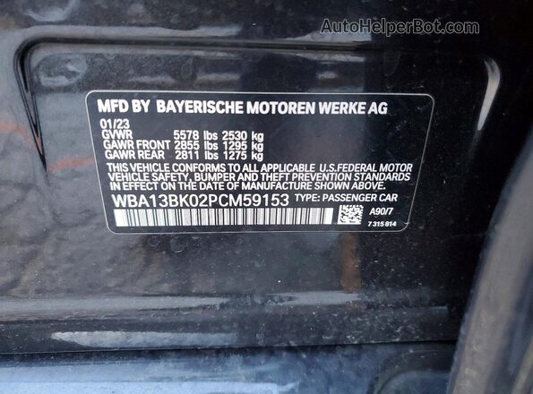 WBA13BK02PCM59153 2023 BMW M5 Black VIN კოდის სტიკერის ხედი