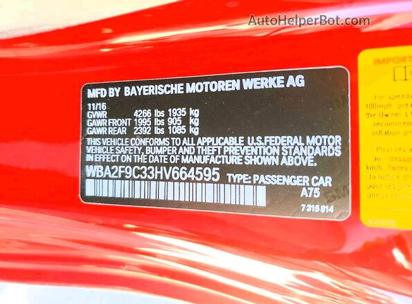 WBA2F9C33HV664595 2017 BMW 2 SERIES Red Շարժիչի բաժամունքի տեսք