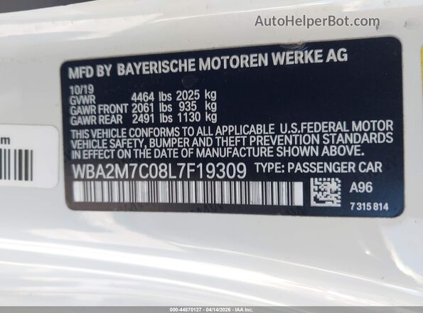 WBA2M7C08L7F19309 2020 BMW 2 SERIES White Vista del compartimento del motor