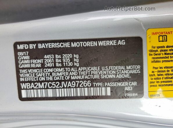 WBA2M7C52JVA97266 2018 BMW 2 SERIES Silver Вид наклейки з VIN-кодом