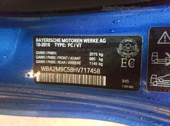 WBA2M9C58HV717458 2017 BMW 2 SERIES Blue VIN կոդի պիտակի տեսք