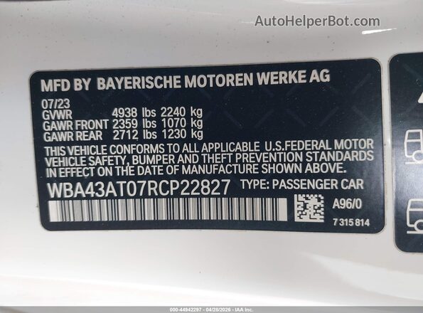 WBA43AT07RCP22827 2024 BMW 7 SERIES White 