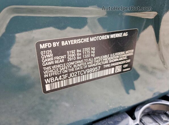 WBA43FJ02TCV98957 2026 BMW 5 SERIES Gray Вид наклейки з VIN-кодом