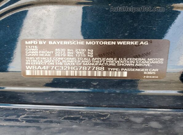 WBA4F7C32HG787788 2017 BMW 4 SERIES Blue VIN კოდის სტიკერის ხედი