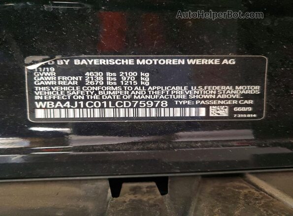 WBA4J1C01LCD75978 2020 BMW 4 SERIES Черный Вид наклейки с VIN-кодом