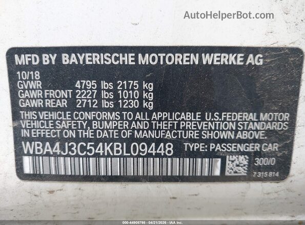 WBA4J3C54KBL09448 2019 BMW 4 SERIES White ძრავის განყოფილების ხედი