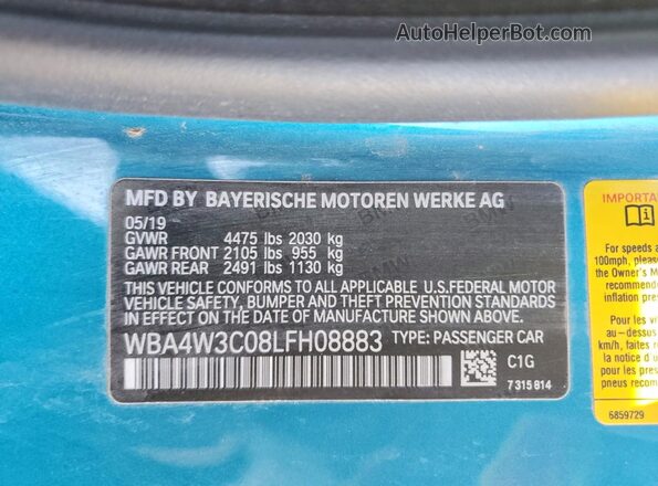 WBA4W3C08LFH08883 2020 BMW 4 SERIES Blue ძრავის განყოფილების ხედი