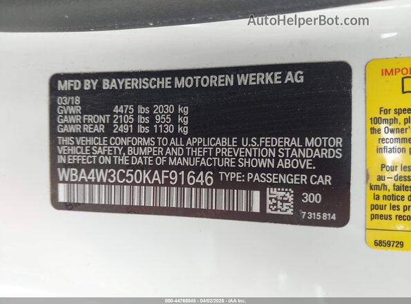 WBA4W3C50KAF91646 2019 BMW 4 SERIES White Widok komory silnika