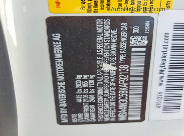WBA4W3C58KAF92138 2019 BMW 4 SERIES White Widok naklejki z numerem VIN