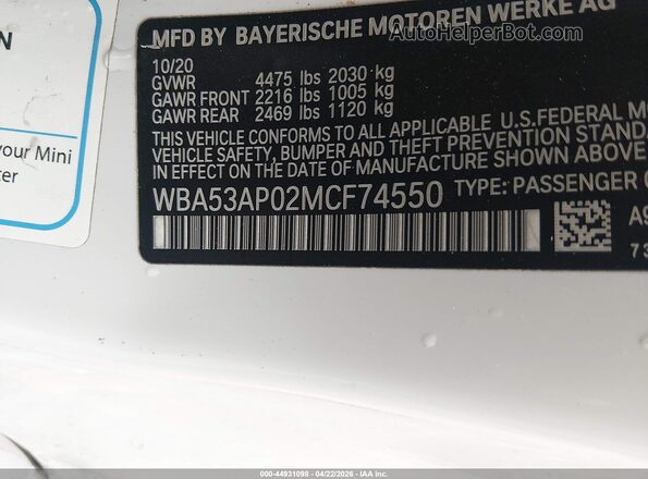 WBA53AP02MCF74550 2021 BMW 7 SERIES White Engine compartment view