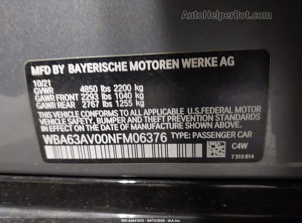 WBA63AV00NFM06376 2022 BMW 4 SERIES Gray Շարժիչի բաժամունքի տեսք