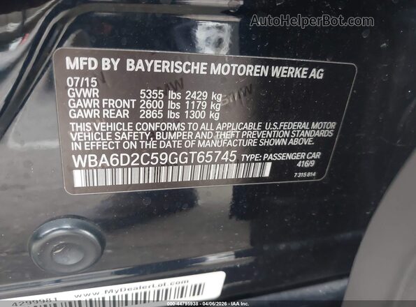 WBA6D2C59GGT65745 2016 BMW 6 SERIES Black Вид підкапотного простору