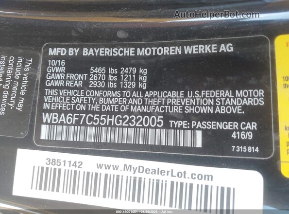 WBA6F7C55HG232005 2017 BMW 6 SERIES Black Widok komory silnika