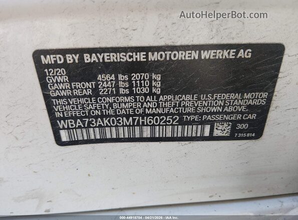 WBA73AK03M7H60252 2021 BMW 7 SERIES White 