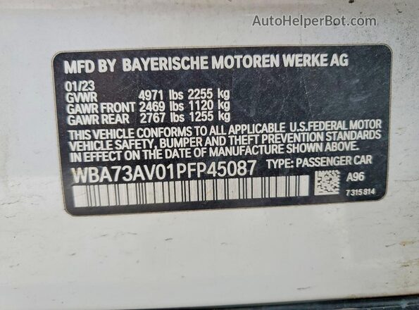 WBA73AV01PFP45087 2023 BMW 4 SERIES White VIN კოდის სტიკერის ხედი