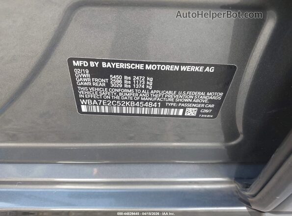 WBA7E2C52KB454841 2019 BMW 7 SERIES Gray Շարժիչի բաժամունքի տեսք