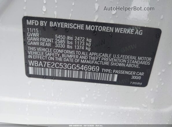 WBA7E2C53GG546969 2016 BMW 7 SERIES White ძრავის განყოფილების ხედი