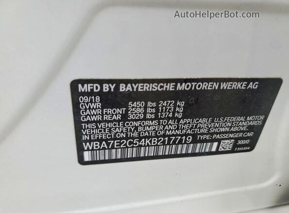 WBA7E2C54KB217719 2019 BMW 7 SERIES White Вид наклейки з VIN-кодом