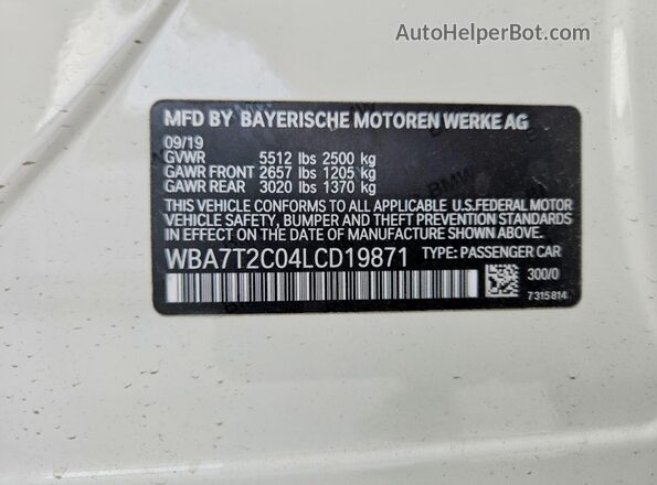 WBA7T2C04LCD19871 2020 BMW 7 SERIES White Vista del compartimento del motor