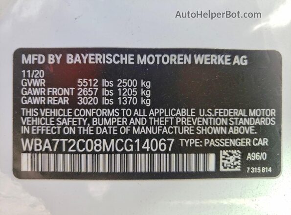 WBA7T2C08MCG14067 2021 BMW 7 SERIES White VIN կոդի պիտակի տեսք