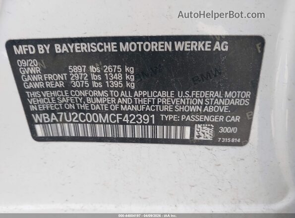 WBA7U2C00MCF42391 2021 BMW 7 SERIES White ძრავის განყოფილების ხედი