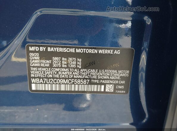 WBA7U2C09MCF58587 2021 BMW 7 SERIES Blue ძრავის განყოფილების ხედი