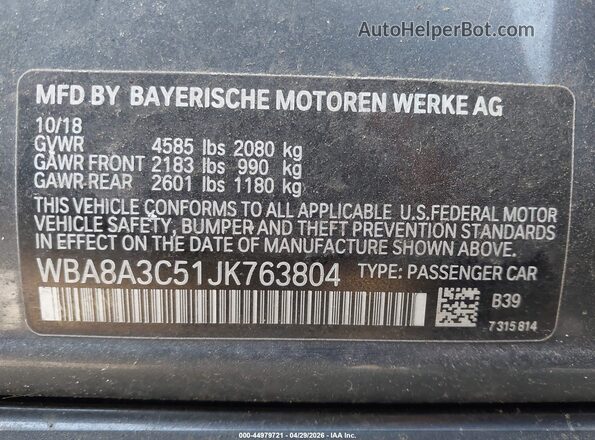 WBA8A3C51JK763804 2018 BMW 3 SERIES Gray Вид підкапотного простору