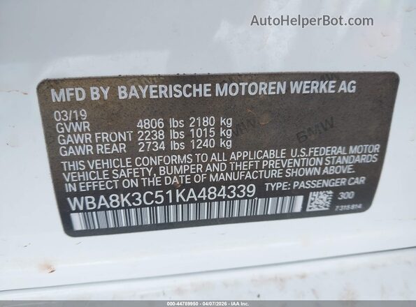 WBA8K3C51KA484339 2019 BMW 3 SERIES White ძრავის განყოფილების ხედი