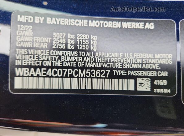 WBAAE4C07PCM53627 2023 BMW 8 SERIES Black VIN sticker view