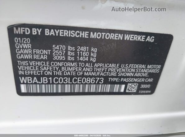 WBAJB1C03LCE08673 2020 BMW 5 SERIES White Widok komory silnika
