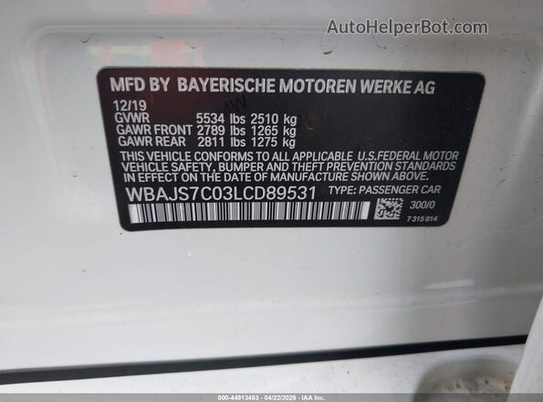 WBAJS7C03LCD89531 2020 BMW 7 SERIES White 