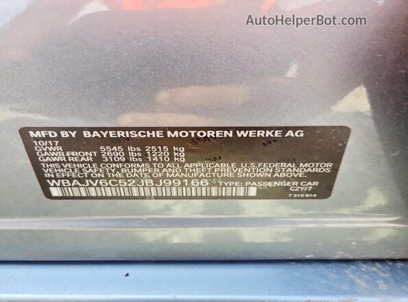 WBAJV6C52JBJ99166 2018 BMW 6 SERIES Gray Вид підкапотного простору