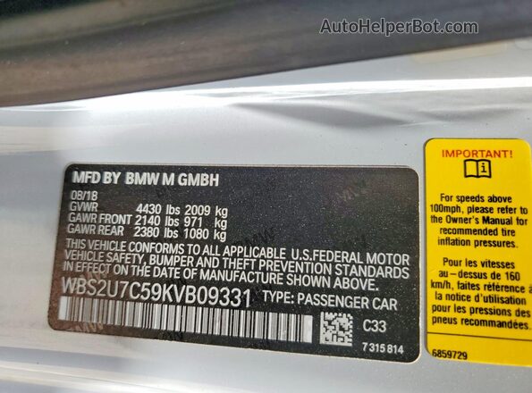 WBS2U7C59KVB09331 2019 BMW M2 Silver Вид підкапотного простору