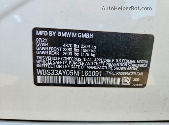 WBS33AY05NFL65091 2022 BMW M3 White Вид підкапотного простору