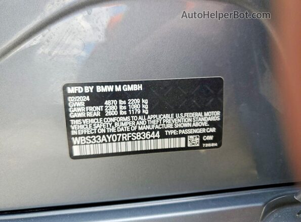 WBS33AY07RFS83644 2024 BMW M3 Gray Widok naklejki z numerem VIN