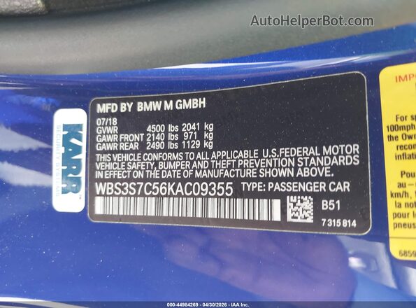 WBS3S7C56KAC09355 2019 BMW M4 Blue Շարժիչի բաժամունքի տեսք